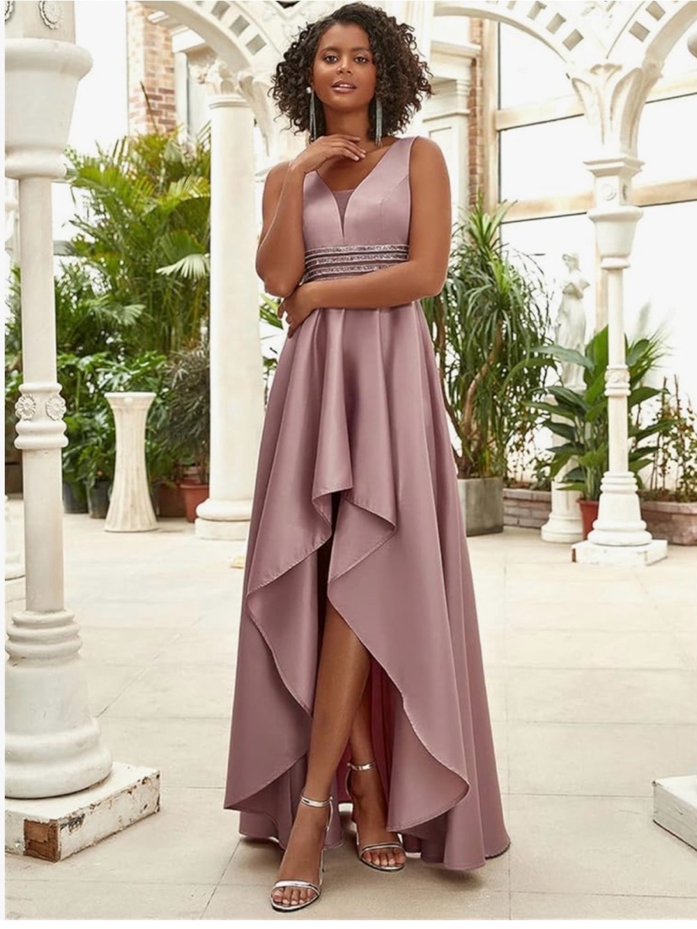 Ever Pretty Mauve High-Low V-Neck Evening Dress with Beaded Waist